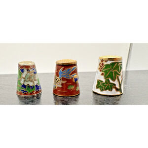 Vintage 3 Thimbles Cloisonne Enamel And Brass Birds, flowers, fish